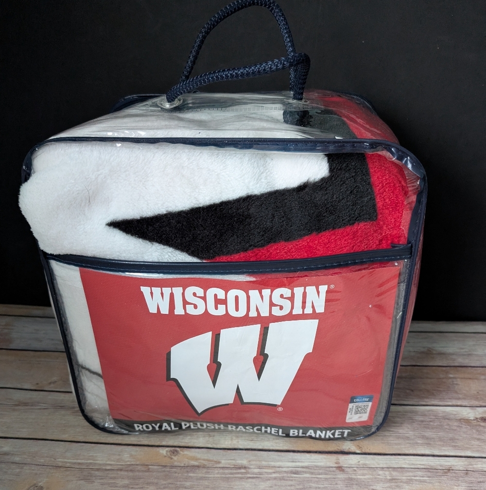 Wisconsin Royal Plush Raschel Blanket - Red, Black, White